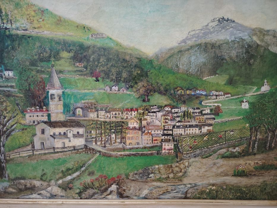 Ulei pe pânză,dimensiuni mari încadrat într-o ramă stil Baroc, reprezentând un peisaj pitoresc de munte cu o așezare. 
Tip obiect: Pictură artistică d