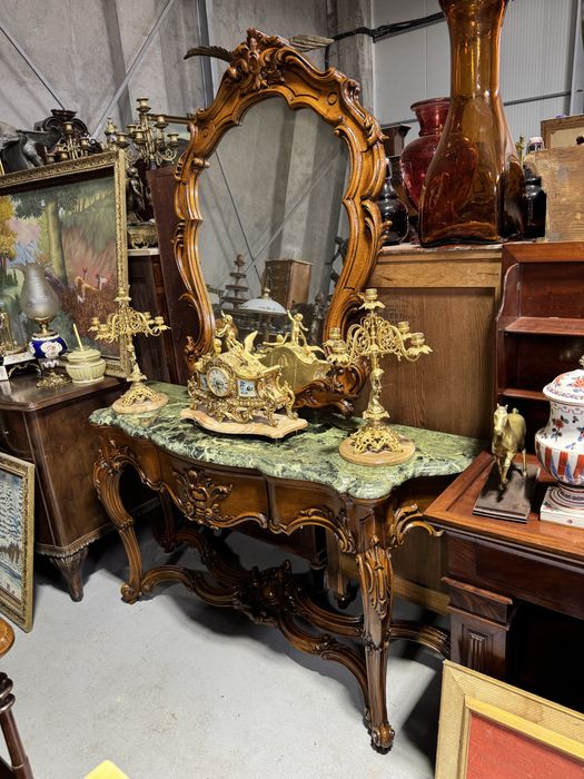 Consola din lemn masiv cu oglinda si blat marmura