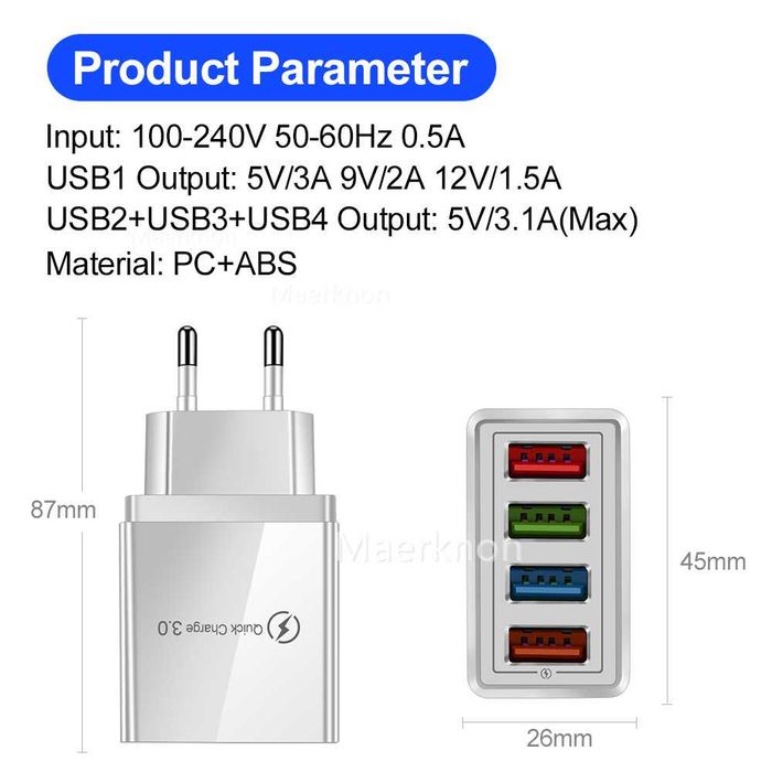 Зарядник iPhone, Samsung, Huawei Xiaomi, др. USB 3,0 4 порта 5V/3A/30W