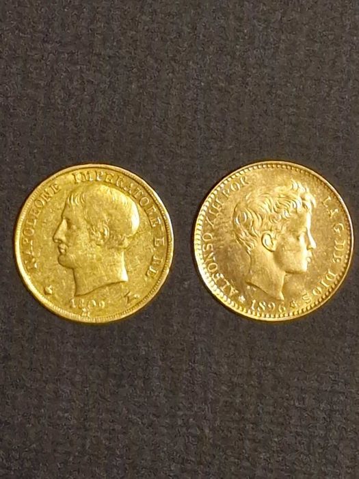 Златна монета20ИталианскиЛири НаполеонI 1809,20Песети АлфонсоXIII 1896