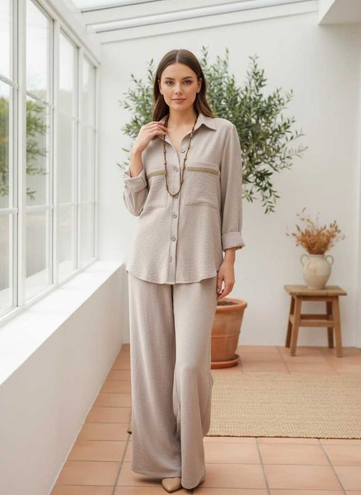 Дамски комплект риза и панталон цвят мока – елегантен сет с ластик, ръчна изработка XS/S/M