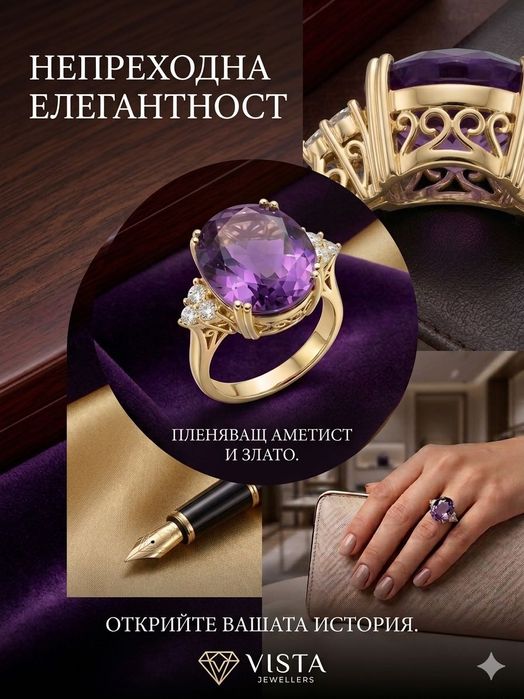 Дамски златен пръстен аметист и диаманти