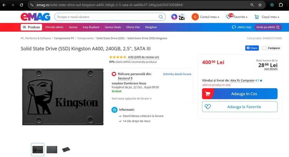 SSD Kingston 240GB, 99% viata  + cablu sata III