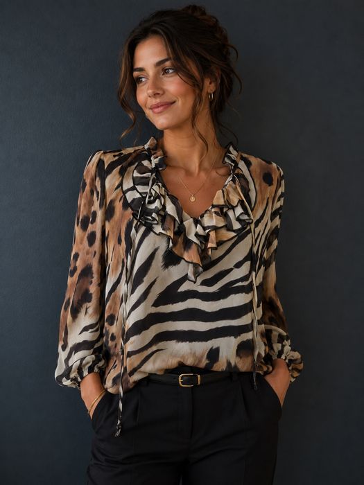 Bluză Monari mărime 38, imprimeu animal print (zebră/leopard), guler cu volănașe și șnur de legat