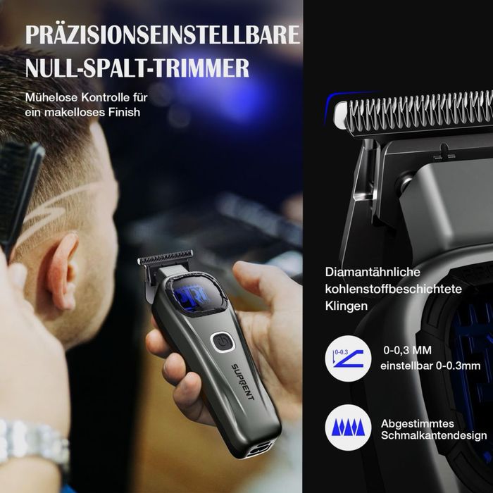 Mașină de tuns profesională fără fir + trimmer – lamă titan, zero‑gap, 5 setări