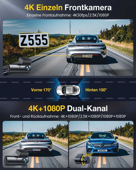 Camera auto GKU 4K+1080P față/spate cu card SD de 64GB, GPS WiFi 5GHz, cameră auto IPS de 1.5” cu monitorizare a parcării, vedere nocturnă superioară