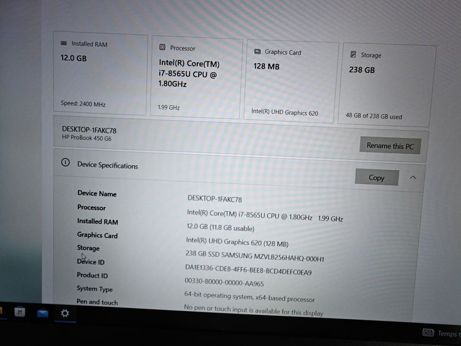 laptop HP probook 450 g6 i7 gen8