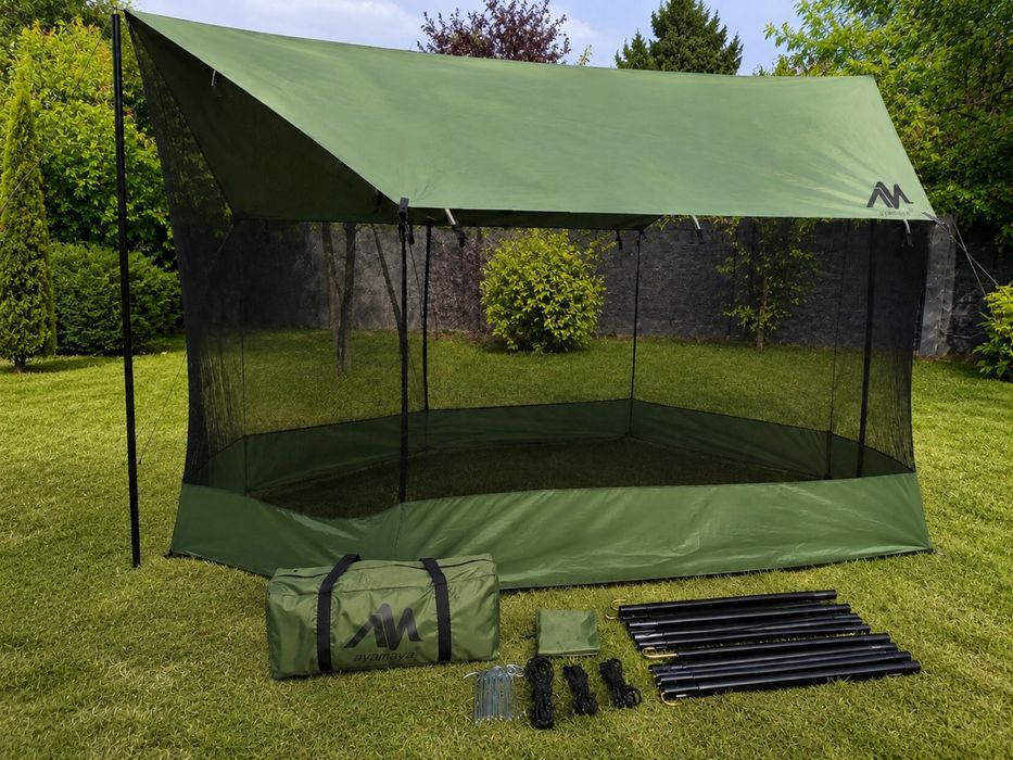 Adapost Cort Pavilion 3×5m Impermeabil cu Plasă Anti-Insecte și Stâlpi – Camping, Grădină, Terasă