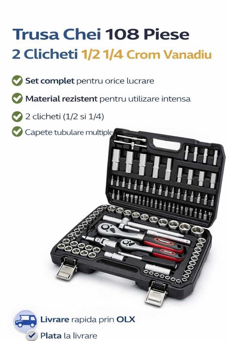 Trusa Chei 108 Piese 2 Clicheti 1/2 1/4 Crom Vanadiu