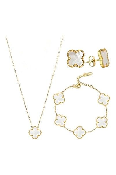 Златен комплект Van Cleef бял седеф