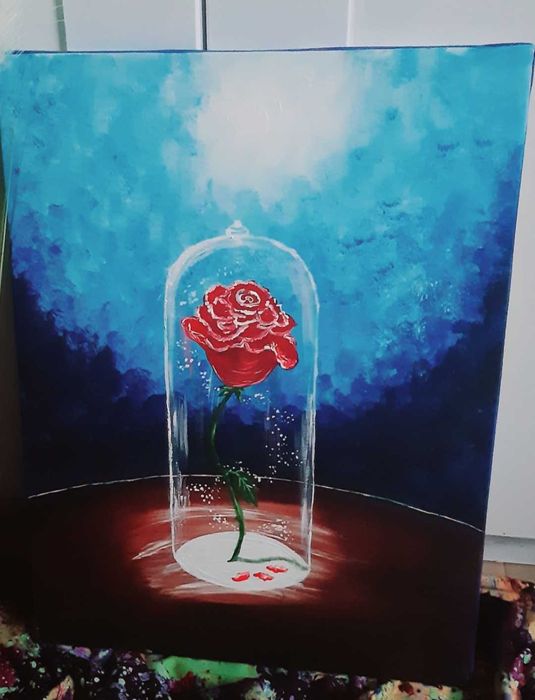 Роза в стъклен купол. Картина по Малкият принц. Акрилени бои