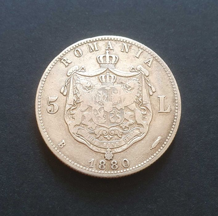 Moneda 5 lei 1880 argint, varianta cu gravorul pe cercul perlat.