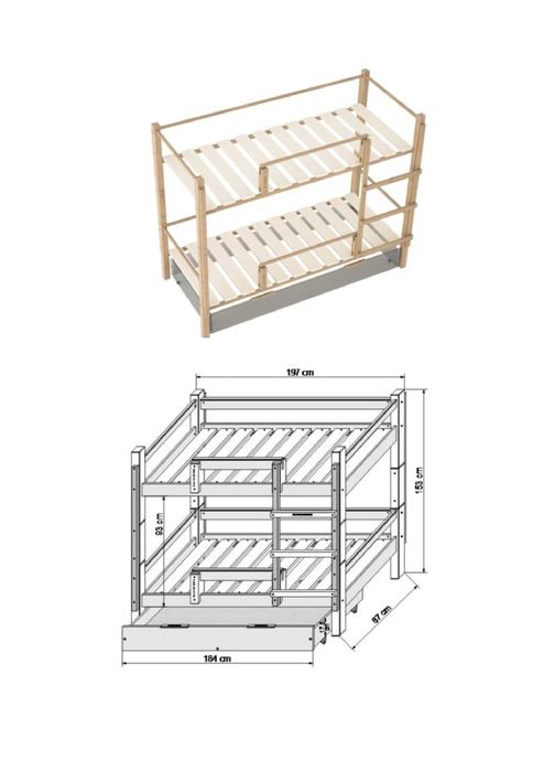 Pat etajat 2 x 190x80, cadru lemn masiv + birou