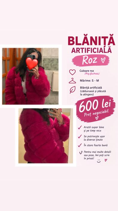 Vând blăniță imitatie de blană. Folosita de cateva ori. Imi este mare. Pretul este negociabil. Astept oferte!