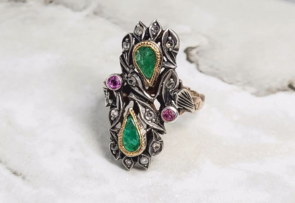 Inel din aur de 14K cu diamante naturale, ametist și smaralde M 60,5