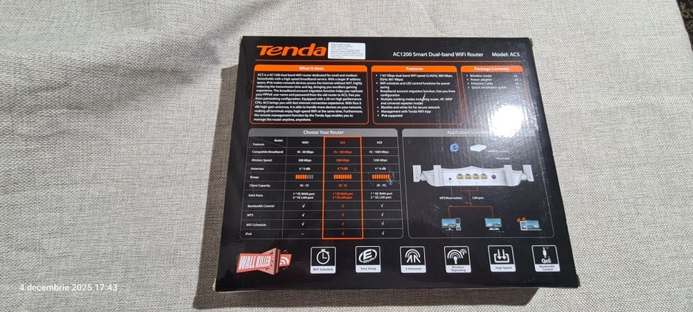 Router WiFi cu doua benzi Tenda AC5 AC1200, Alb