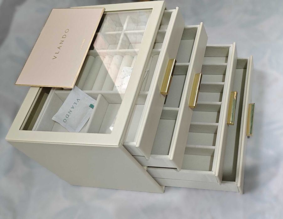 Vlando кутия за бижута 4-етажен органайзер с стъклен капак