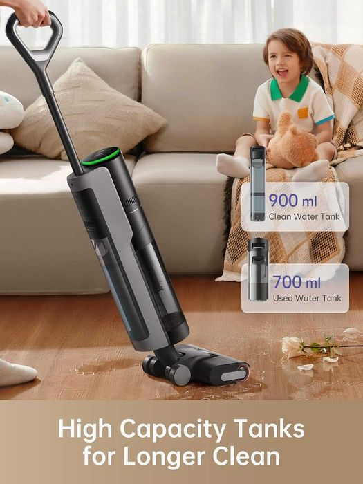 Dreame H12 Pro е безжичен уред за мокро и сухо почистване, основно за твърди подови настилки, с резервоар за чиста вода 0,9 л и за мръсна вода 0,7 л.
