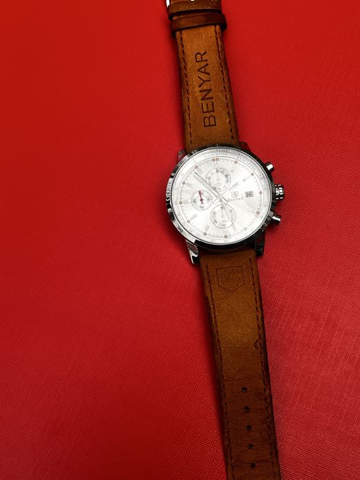 Мъжки часовник Benyar, хронограф, бял циферблат, кафява кожена каишка