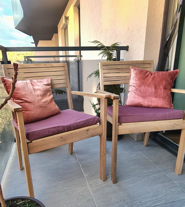 Mobilier balcon/terasă din lemn acacia – bancă rabatabilă + 2 fotolii