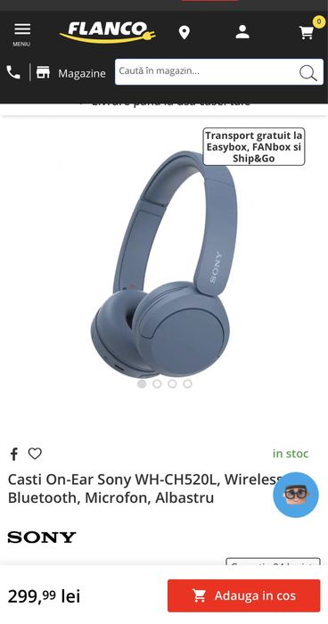 Casti On-Ear Sony WH-CH520L, Wireless, Bluetooth, Microfon, Albastru