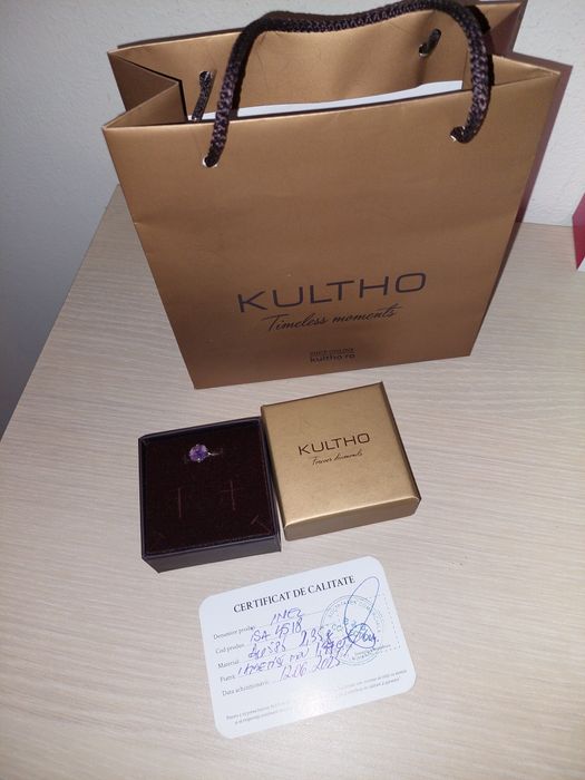 Inel Kultho aur alb 14K 585 cu ametist, certificat si cutie