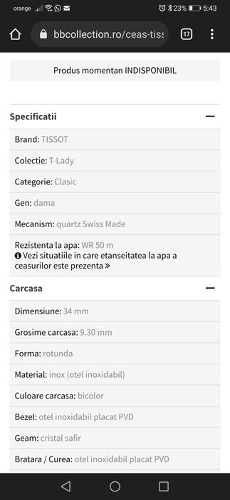 Ceas Tissot dama argintiu și auriu