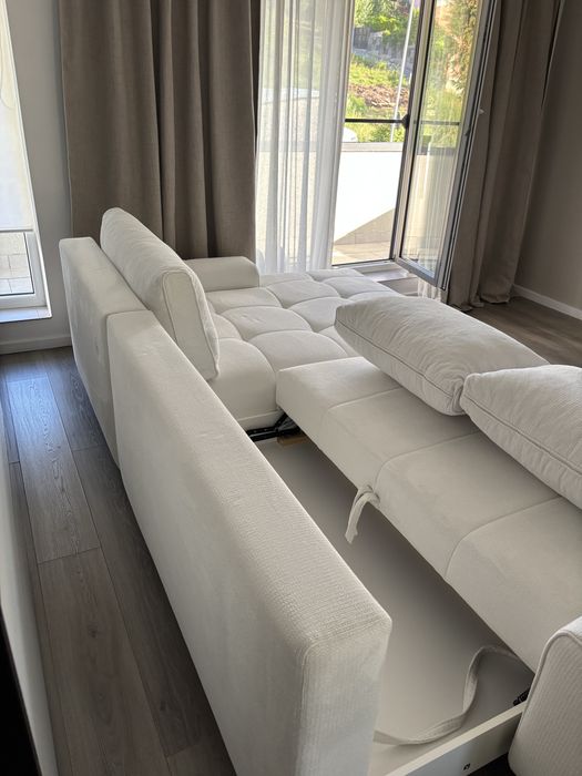 Coltar extensibil alb/beige, 290x175x85 cm din stofa aragon