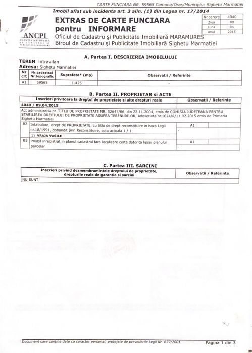 1425 mp teren intravilan intabulat, loc de casă Sighetu Marmatiei