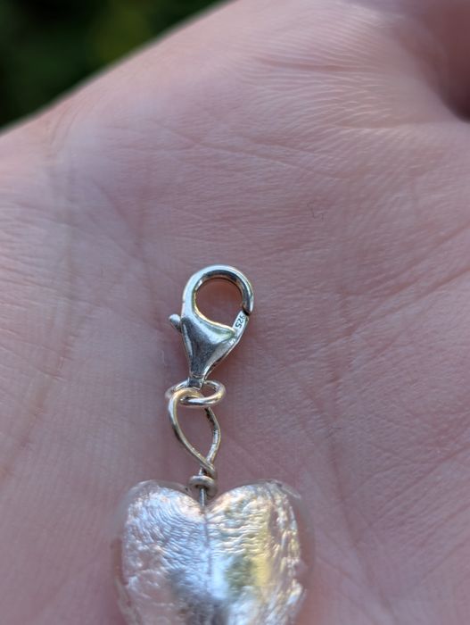 Vechi charm pandantiv argint 925, in forma de inima, din sticla de Murano, alb