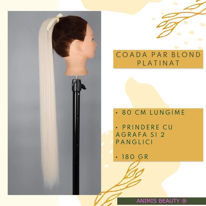 Coada par BLOND platinat deschis, 80 cm, 180 gr, extensii și cozi NOI