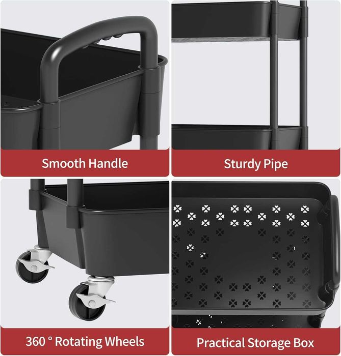 4-етажна кухненска количка с колелца – мултифункционална, черна