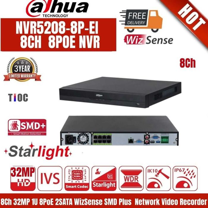 NVR Dahua DHI-NVR5208-8P-EI 8 porturi PoE 4K 32MP WizSense Recunoastere faciala Nou