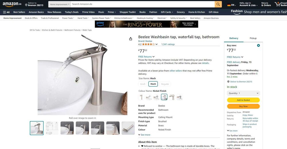 REDUS de la 420 RON, Baterie lavoar cu efect cascada, inaltime medie, Crom Mat (satin), CARTUS CERAMIC
