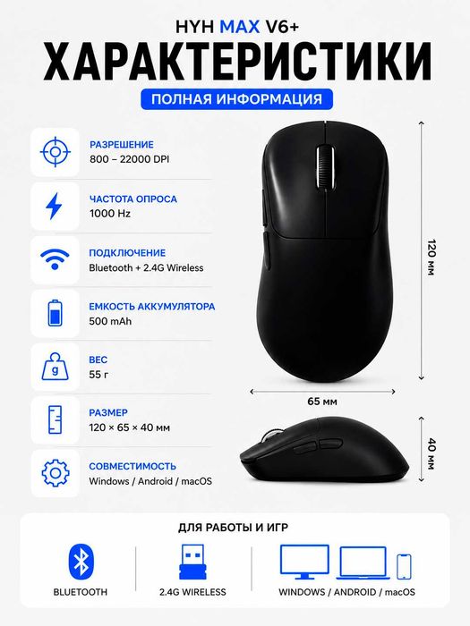 Беспроводная мышь HYH MAX V6+  22000 DPI игровая для ПК и ноутбука