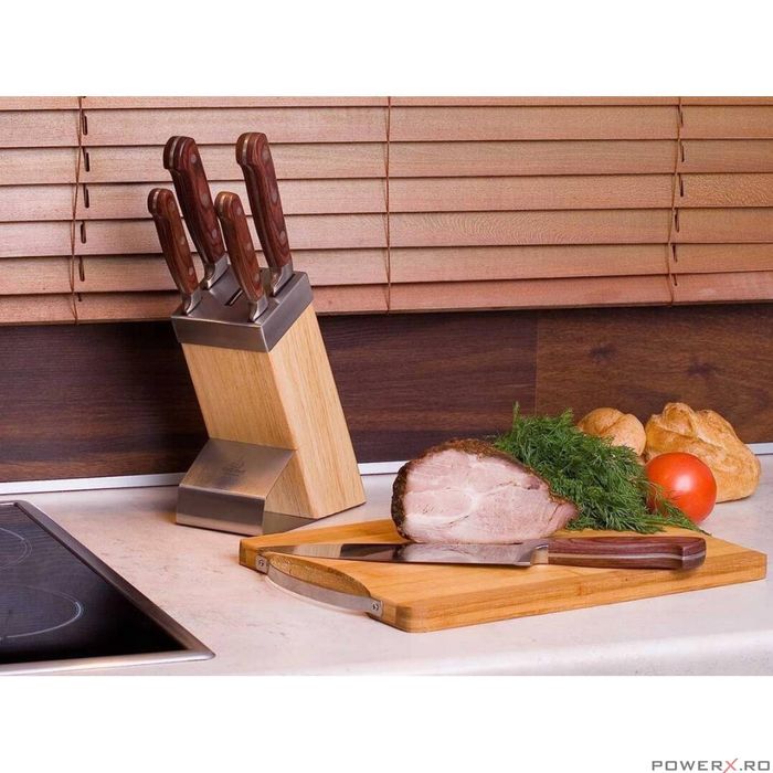 Set cutite Inox, 6 piese, suport patrat din lemn, mâner Pakka maro,