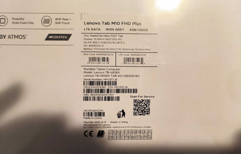 De vânzare Tableta Lenovo Tab M10 FHD Plus TB-X606X – 4GB RAM / 128GB – Nouă, Sigilată (Fără garanție)