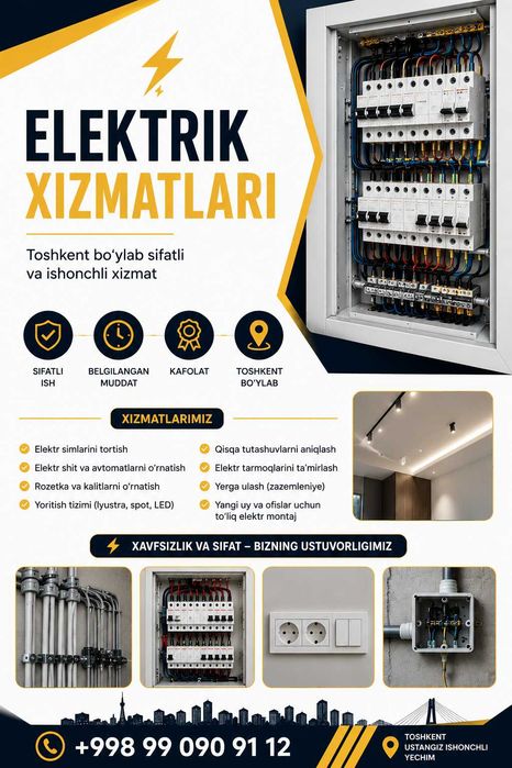 Elektrik xizmati | Toshkent bo'ylab | Sifatli va kafolatli ish
