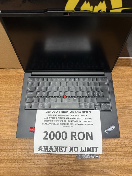Laptop Lenovo ThinkPad E14 Gen5 512GB SSD / 16GB RAM , AMD Ryzen 5 7430U, AMANET NO LIMIT