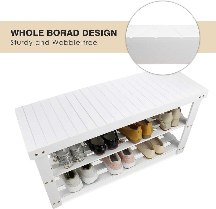 Bancuta raft pentru pantofi, din bambus, 3 niveluri, alb