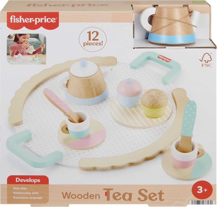 Детски дървен комплект за чай закуска за дървена кухня Fisher Price