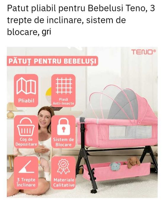 Pătuț pliabil pentru bebeluși, 3 trepte de înclinare, sistem de blocare, plasă anti-insecte, coș depozitare, gri.