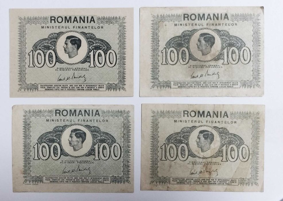 Patru Bancnote 100 LEI 1941 Regele Mihai I