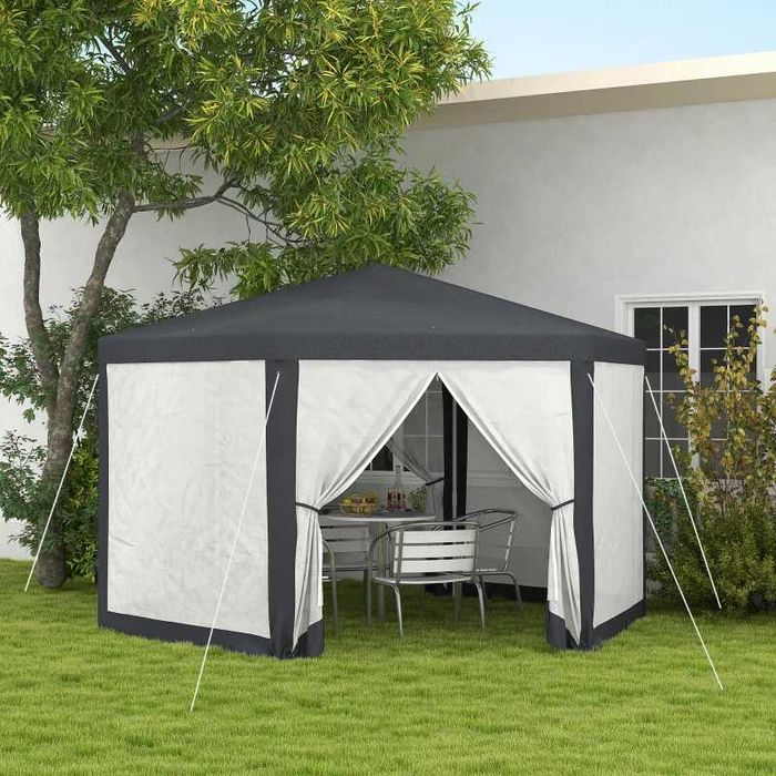 Градинска шатра Outsunny 6-странен, мрежести завеси, метална рамка 3.94x3.412x2.5м