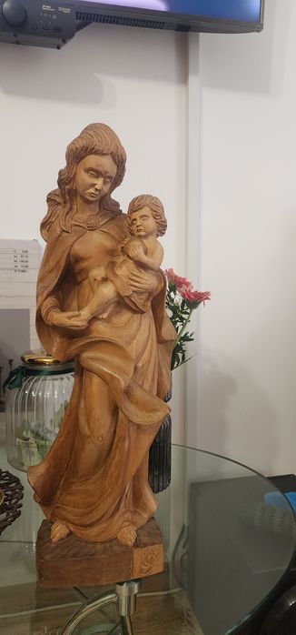 Statueta lemn sculptat Fecioara Maria cu Pruncul Isus , 55 cm