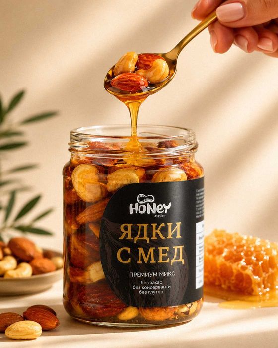 Натурален липов мед с 4 вида печени ядки – ръчна изработка
