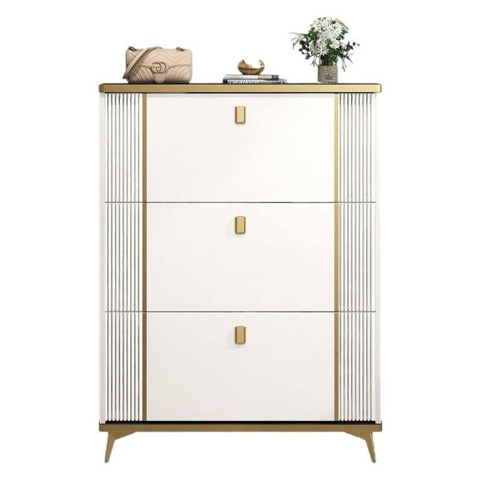 Тумба для обуви современная бело-золотая с откидными секциями