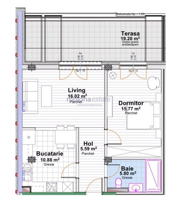 Apartament cu 2 camere, 54 mp utili + Terasa 19,2 mp ,Ansamblu Reziden