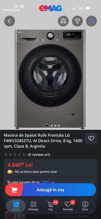 NOUǍ!! Masina de spalat rufe LG, AI direct drive, 8 kg