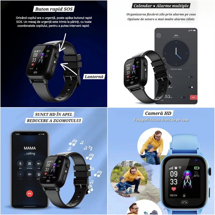 Smartwatch copii. SIM 4G. Localizare GPS. Foto. Apel/Mesaje/Chat.Negru